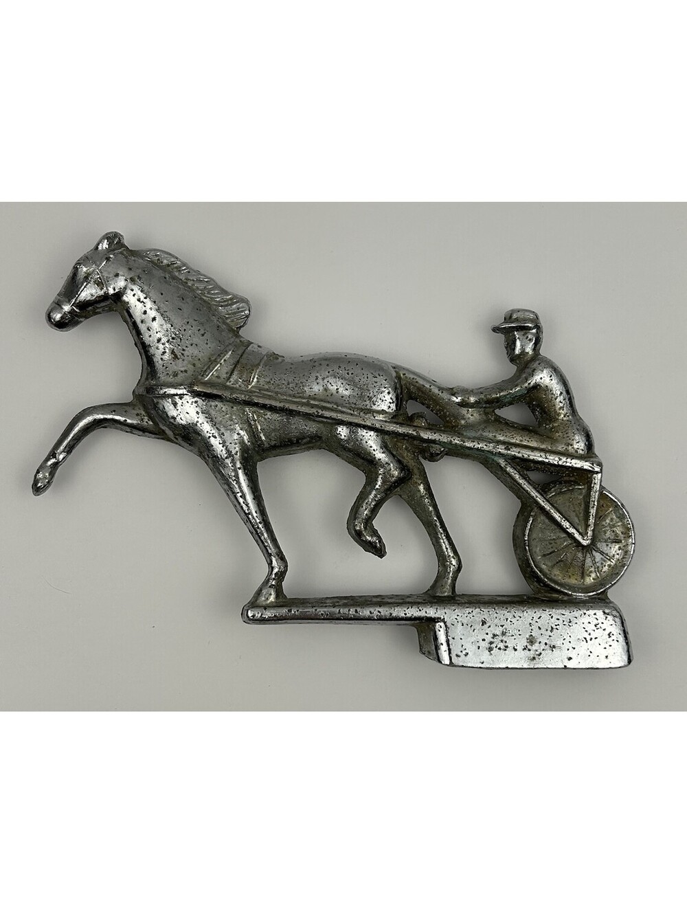 Vintage 1950s Trotter Harness Racing Horse Jockey Sulky Car Hood Ornament   B-83